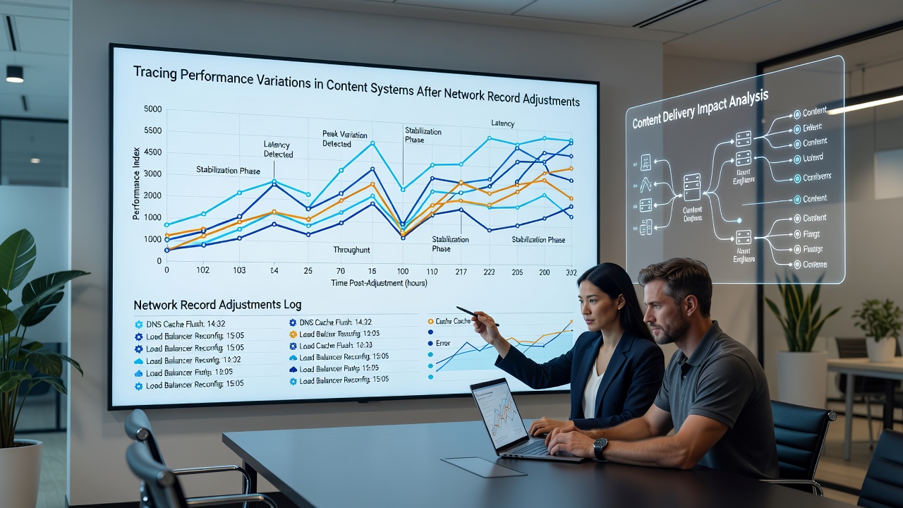 Graph illustrating latency and throughput variations in content systems following network record adjustments
