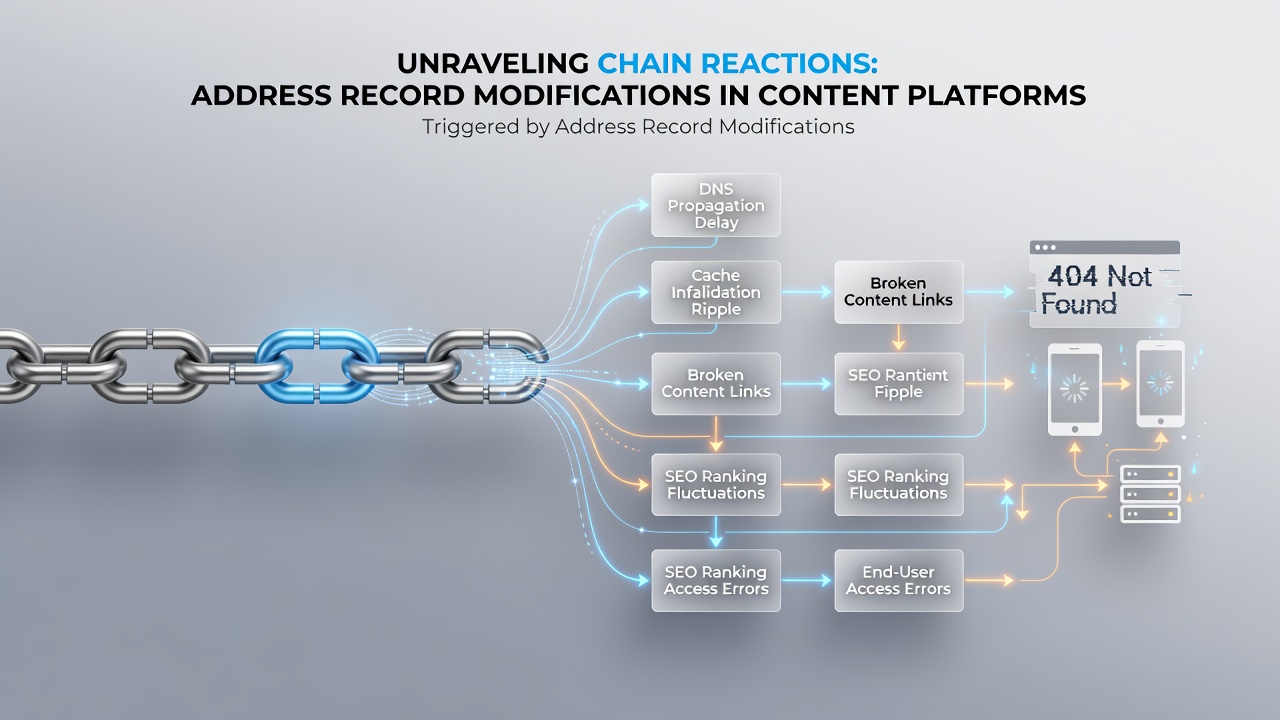Flowchart illustrating chain reactions from DNS address record updates across caching systems and content platforms